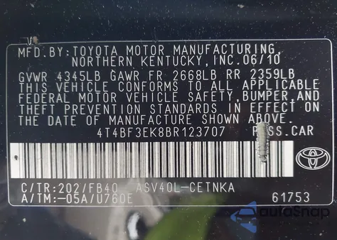 2011 Toyota Camry Le from USA, damaged, VIN 4T4BF3EK8BR123707